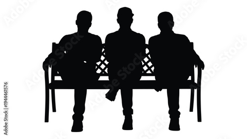 Silhouette of three individuals seated on a bench in a contemplative mood with legs crossed and arms rested