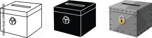 Set of secure ballot boxes in various styles including outline solid and metallic with a padlock ideal for election feedback or donation concepts