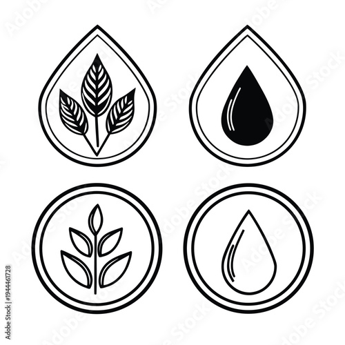 Water and plant icons, natural ingredients and liquids