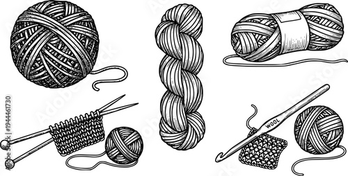 Balls of yarn skein of wool. Handicraft, crocheting, hand-knitting. Sketch vintage illustration
