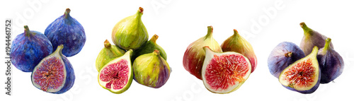 Various fig collections featuring whole ripened fruit and sliced halves with vibrant interiors, illustrating organic nutrition and delicious natural food