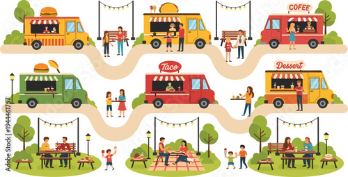 Food Truck Park Scene Collection with Street Food Vans, People Eating Outdoors, Picnic Tables, and Mobile Restaurant Festival Illustration Vector Set