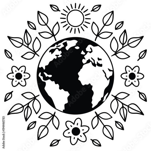 Earth surrounded by sun, leaves, and flowers icon