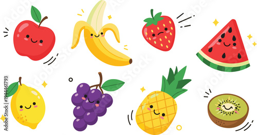 Cute smiling fruit characters set with apple banana strawberry watermelon grapes pineapple kiwi and lemon cartoon flat vector illustration