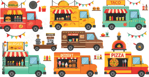 Street Food Truck Collection with Burger, Taco, Pizza, Coffee, Dessert, and Fast Food Mobile Restaurant Vehicles Vector Set