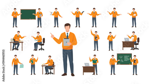 Illustration of teacher character set: A diverse set of poses and actions, including holding a chalkboard, teaching, explaining, lecturing, and working at desk.
