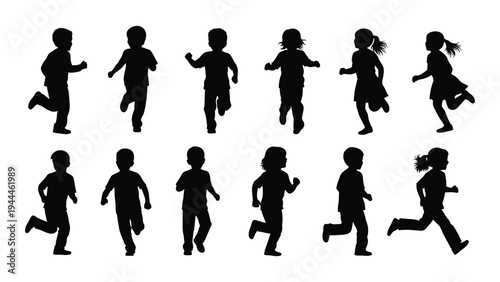 Collection of diverse children running silhouettes in various poses and directions