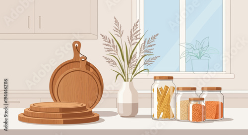 Kitchen Countertop Decor with Wooden Boards and Pantry Jars