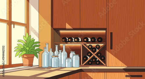Kitchen Countertop with Empty Bottles, Wine Rack, and Warm Sunlight