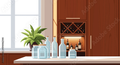 Kitchen Countertop with Glass Bottles, Jars, and Wine Rack