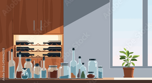 Kitchen Countertop with Glass Bottles and Wine Rack Illustration