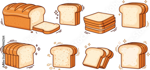 Fresh Bread Loaf and Sliced Toast Cartoon Vector Set with Bakery Bread Pieces for Breakfast Food, Baking, and Kitchen Illustration Collection