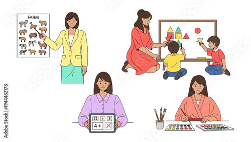 Artistic Educator's World: A collection of scenes showcasing an educator in various roles: teaching animals, arranging shapes, operating a tablet, and creating artwork with watercolor.