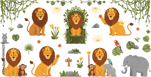 Lion King of Jungle Characters with Crown, Throne and Wildlife Animals, Cartoon African Safari Nature Scene with Tropical Plants Vector Illustration Set