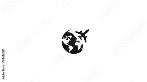 Global travel icon with airplane flying around the world. International flight, tourism, and worldwide transportation symbol.