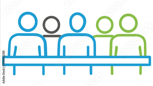 Stylized illustration of a diverse team of outline people sitting together at a table, symbolizing collaboration, meeting, and group discussion.