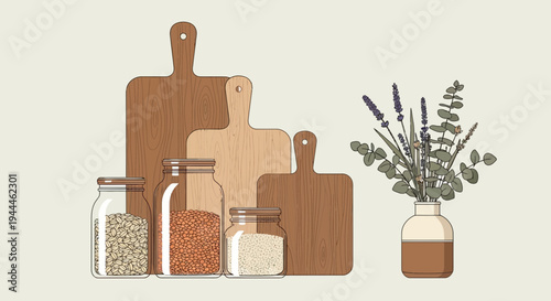 Kitchen Pantry Essentials with Glass Jars, Cutting Boards, and Herbs