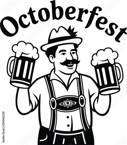 Professional Black And White Vector Illustration Of A Happy Man Celebrating Octoberfest With Beer Mugs