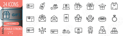 Gift and surprise outline icon set featuring present box, holiday greeting card, birthday celebration package, online shopping delivery more vector illustration or editable stroke.