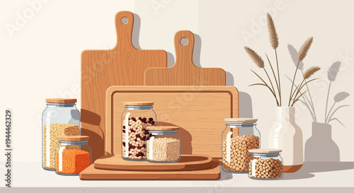 Kitchen Pantry Organization with Glass Jars and Wooden Boards