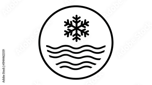 Minimalist cold water icon featuring a snowflake and wavy lines within a circle. Ideal symbol for cooling systems and user interfaces.