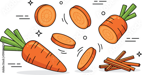 Fresh carrot vegetable whole and sliced pieces healthy organic food ingredient cartoon flat vector illustration set