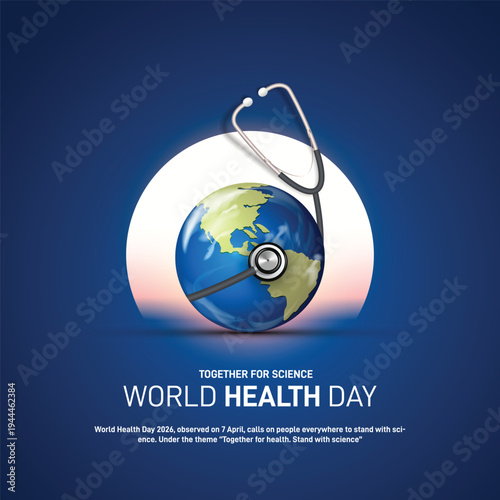 world health day 2026. world health day concept banner, poster, social media post, postcard, background, backdrop, template, greetings card, cover design. Together for science