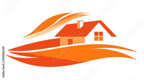 Stylized orange house icon on wavy landscape, representing home, property, real estate, shelter, comfort, and security concept