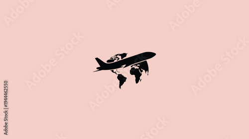 Minimalist black airplane silhouette flying over a stylized world map illustration on a soft pink background, representing global travel and aviation.