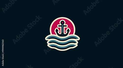 Retro nautical anchor with ocean waves and sun icon. Classic marine symbol badge, vintage ship travel vector illustration.