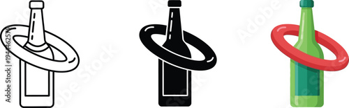Ring toss game icon collection with outline glyph and colorful vector illustrations of a ring on a bottle perfect for party carnival and success-themed designs