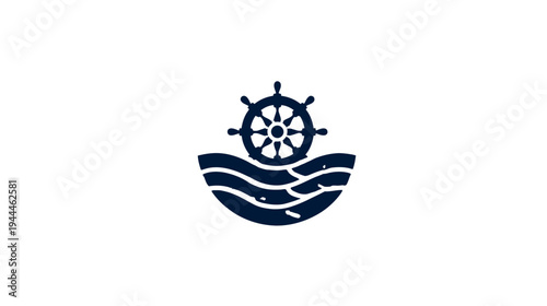 Distressed nautical ship steering wheel with ocean waves illustration. Marine helm icon, vector graphic for maritime navigation.