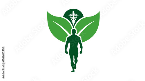 Green natural health logo with human silhouette, leaves, and caduceus symbol. Vector icon for wellness, holistic medicine, and healthy lifestyle.