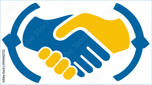 Business Partnership Handshake Icon with Blue and Yellow Hands. Symbolizing Agreement, Cooperation, Trust, and Deal.