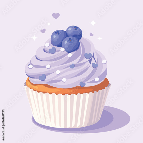 Blackberry Cupcake. Vector illustration of blueberry cupcake with lavender icing, decorated with heart-shaped sprinkles, blueberries. For bakery ads, food blogs, dessert menus, sweet-themed designs