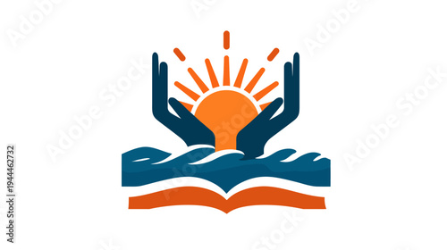 Symbolic graphic of hands cradling a radiating sun above an open book and waves, representing education, wisdom, and growth