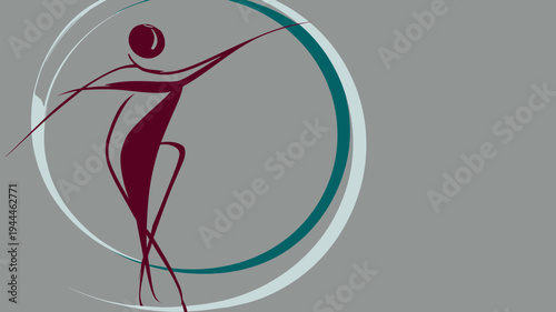 Abstract stylized human figure dancing gracefully within concentric circles on a gray background, symbolizing movement, wellness, and balance.