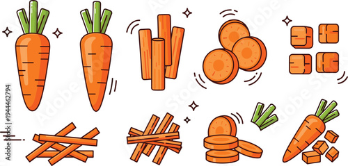 Fresh carrot vegetables whole sliced diced and sticks healthy food ingredient cartoon flat vector illustration collection