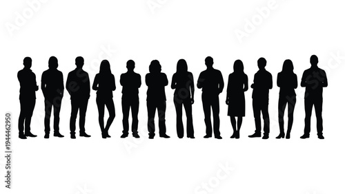 A group of diverse people standing together in a line, showcasing unity and solidarity, with varying poses and attire, against a plain white background.