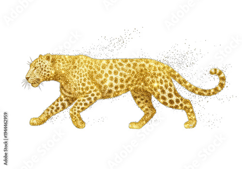 Golden leopard walking in profile isolated on transparent background png cutout