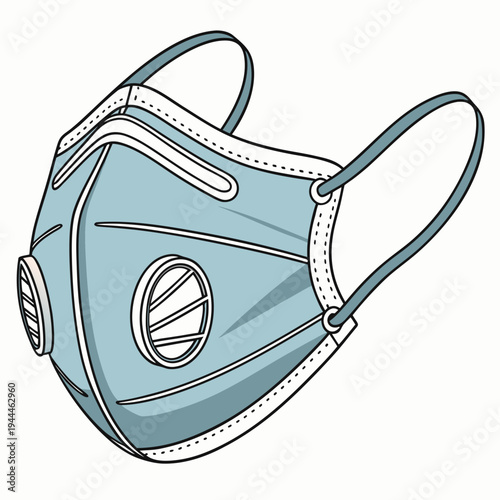 A blue respirator mask with white filter and straps