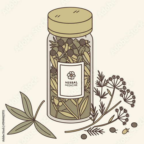 A jar of herbs with a label and a lid