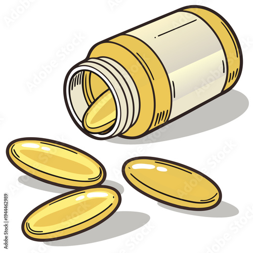 A yellow pill bottle with three pills