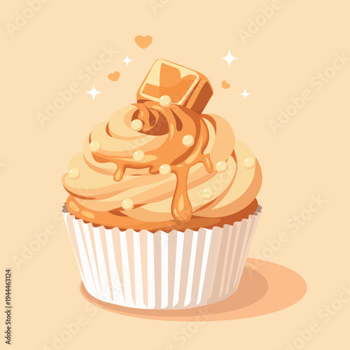 Caramel chocolate cupcake. Vector illustration of caramel cupcake with creamy icing, topped with chocolate shaving. For dessert menus, bakeries, holidays, food blogs, dessert menus, sweet themes