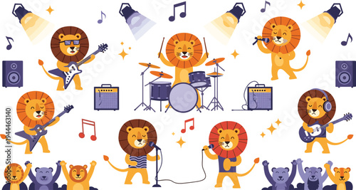 Cute Lion Music Band Characters Performing on Stage with Guitar, Drums and Microphone, Cartoon Animal Musicians Concert Performance Vector Illustration Set