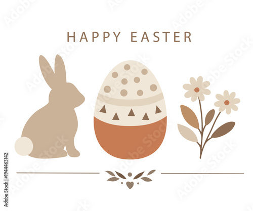 Happy Easter! Minimalist vector Easter illustration in soft pastel colors. Bunny, decorated egg, flowers in modern flat style. For greeting cards, holiday designs, social media, invitations