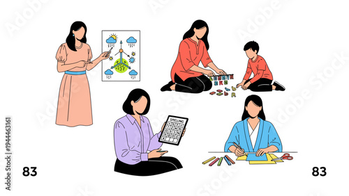 Early Childhood Education Illustration: A charming illustration depicts various aspects of early childhood education, including a teacher explaining concepts, children engaged in playful learning.
