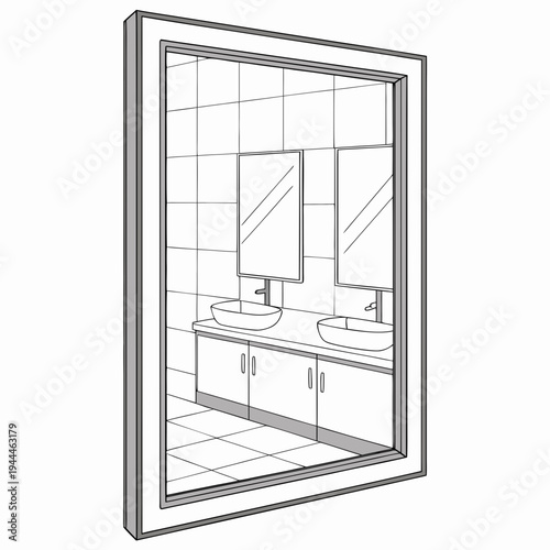 A bathroom mirror with a sink and tiled wall