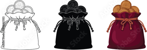 Money bag with coins vector illustration set presented in outline silhouette and color for concepts of wealth finance and treasure