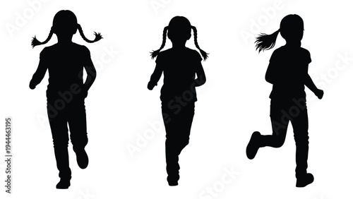 Three silhouettes of young girls running in unison, capturing a moment of joy and freedom in motion, fitness and friendship